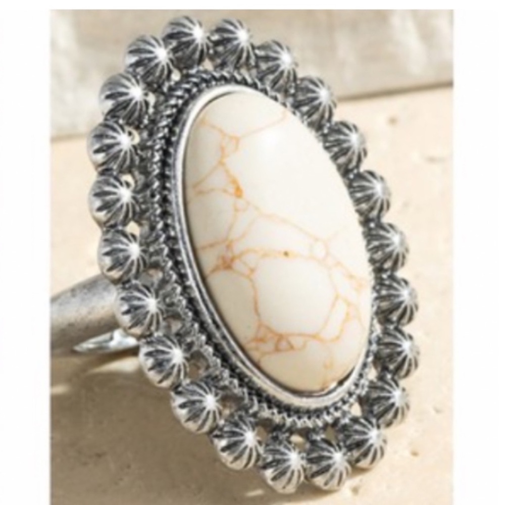 Howlite White Boho Semi-Precious Stone With a Blossom Navajo Stretch Ring